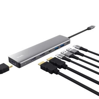 HUB USB-C TRUST DALYX 7 EN 1 ALUMINIO 2HDMI 4K  1DP 2xUSB-A 3.2 1xUSB-C PD 100W LECTOR SD MICROSD