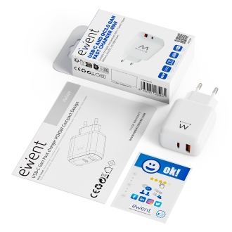 Cargador Ewent 45W Power Delivery USB-C USB-A QC 3.0 blanco