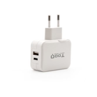 Cargador doble TooQ USB Tipo C + USB A 27W blanco