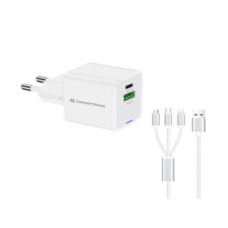Cargador Conceptronic 1xUSB tipo c / 1xUSB-A Quickcharge 3.0 Gan Pps 33w incluye Cable 3-1