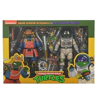 Figura neca teenage mutant ninja turtles space adventure donatello & samurai adventure michelangelo pack 2 scale action 18cm