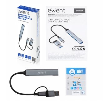 Ewent EW1154 hub de interfaz USB 3.2 Gen 1 (3.1 Gen 1) Type-A + Type-C Gris