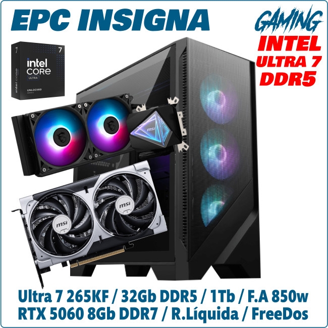 Ordenador ePc Insigna Gaming intel Ultra 7 265KF 32GB DDR5 1TB NVMe RTX5060 8GB FreeDos