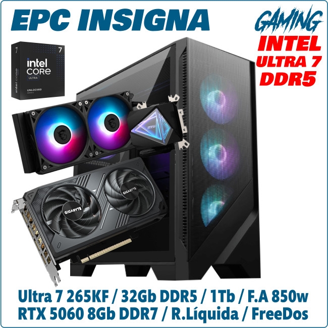 Ordenador ePc Insigna Gaming intel Ultra 7 265KF 32GB DDR5 1TB NVMe RTX5060 8GB FreeDos