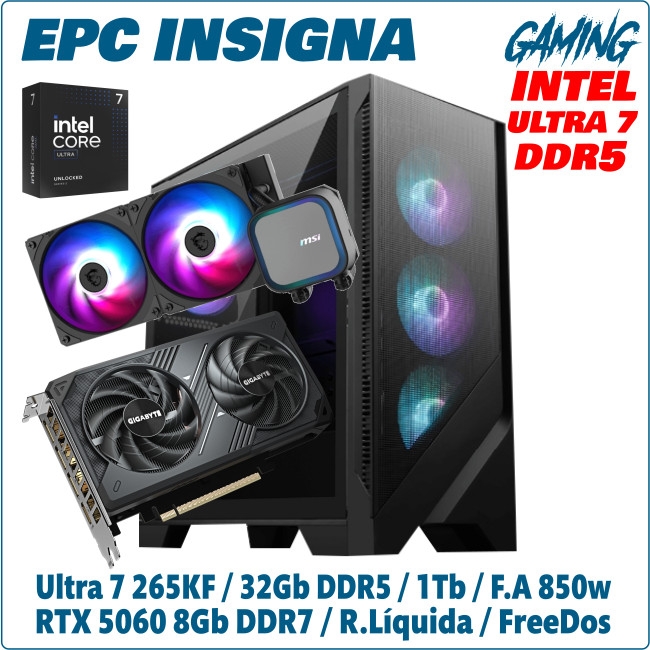 Ordenador ePc Insigna Gaming intel Ultra 7 265KF 32GB DDR5 1TB NVMe RTX5060 8GB FreeDos