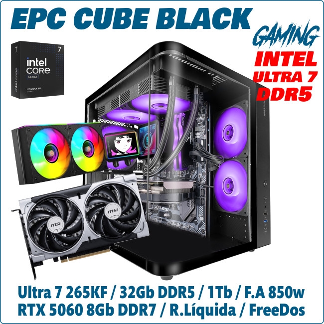 Ordenador ePc Cube Black Gaming intel Ultra 7 265KF 32GB DDR5 1TB NVMe RTX5060 8GB FreeDos