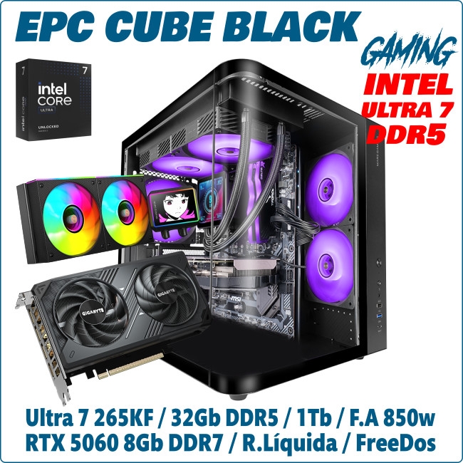 Ordenador ePc Cube Black Gaming intel Ultra 7 265KF 32GB DDR5 1TB NVMe RTX5060 8GB FreeDos