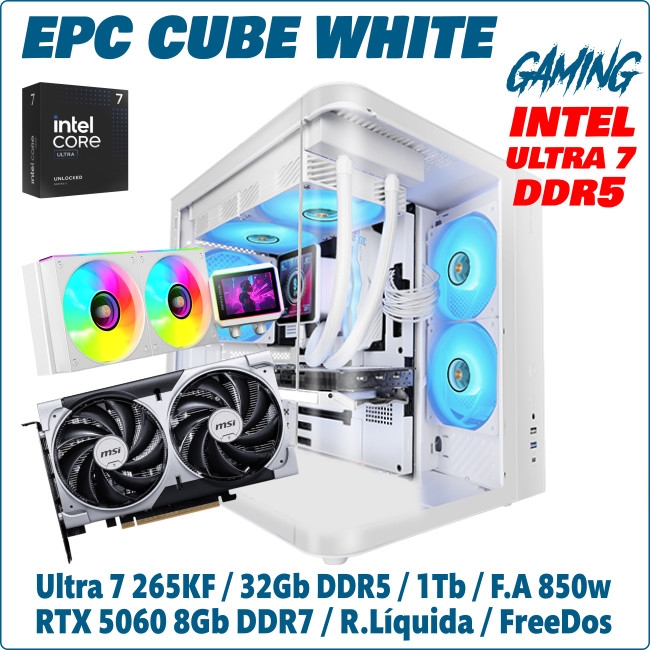 Ordenador ePc Cube White Gaming intel Ultra 7 265KF 32GB DDR5 1TB NVMe RTX5060 8GB FreeDos