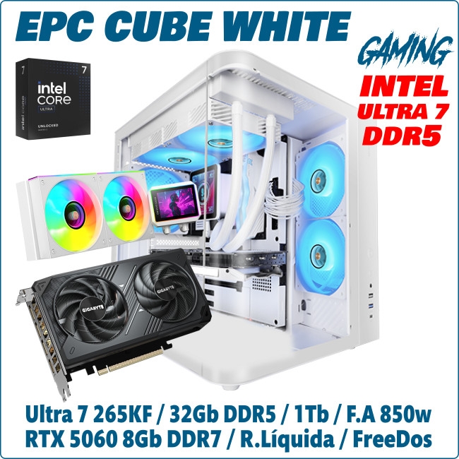 Ordenador ePc Cube White Gaming intel Ultra 7 265KF 32GB DDR5 1TB NVMe RTX5060 8GB FreeDos