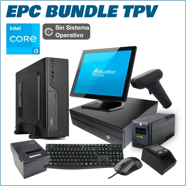 Ordenador ePc TPV Intel i3-12100F 8GB RAM 500GB NVMe GT710 2GB Caja Slim 500W Monitor Táctil 17" Cajón Portamonedas Impresora Ticket Térmica Detector de Billetes Falsos Lector Código Barras Sai 1050VA Teclado/Ratón USB FreeDos