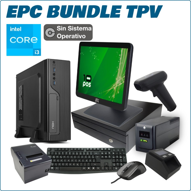 Ordenador ePc TPV Intel i3-12100F 8GB RAM 480GB NVMe GT710 2GB Caja Slim 500W Monitor Táctil 17" Cajón Portamonedas Impresora Ticket Térmica Detector de Billetes Falsos Lector Código Barras Sai 1050VA Teclado/Ratón USB FreeDos