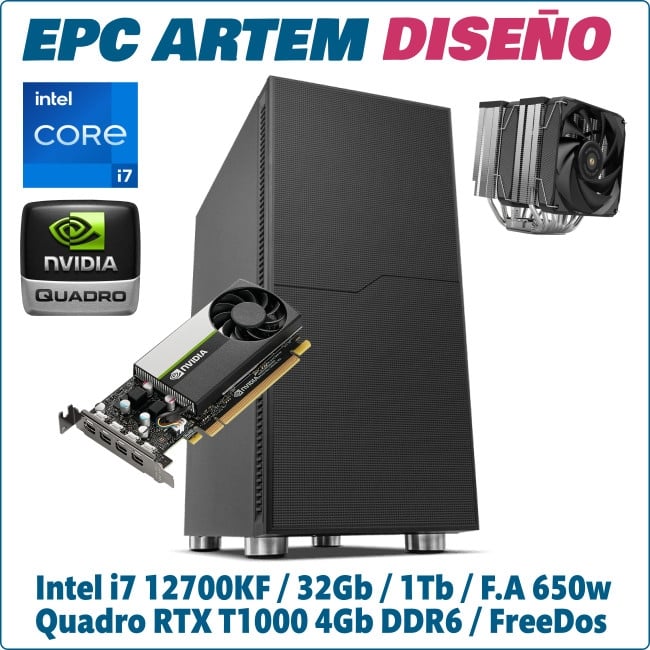 Ordenador ePc Artem Diseño Intel i7-12700KF 32GB DDR5 1TB NVMe Quadro RTX T1000 4GB FreeDos